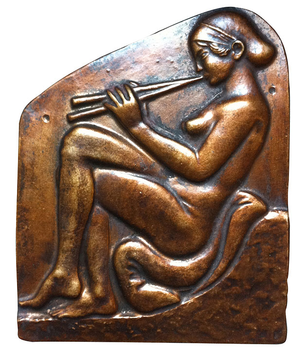 Nude Girl with flutes ancient Greek sculpture plaque