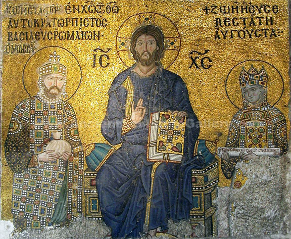 Enthroned Jesus Christ with Byzantine Emperor Constantine IX and Empress Zoe, Byzantine Christian Monastery Mosaic Icon, Church of Hagia Sophia, Constantinople
