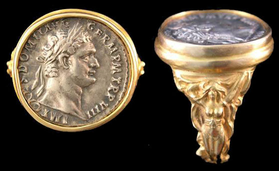 Domitian. 81-96 AD Silver Denari set in a 18 k. gold custom made ring.