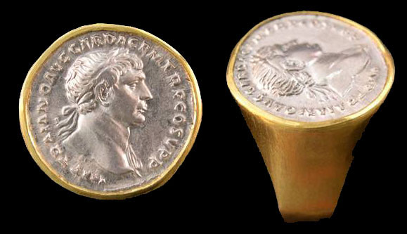 Roman Empire: Trajan. 97-117 A.D. Silver Denarius. Set in a 24 k. pure gold custom made Ring
