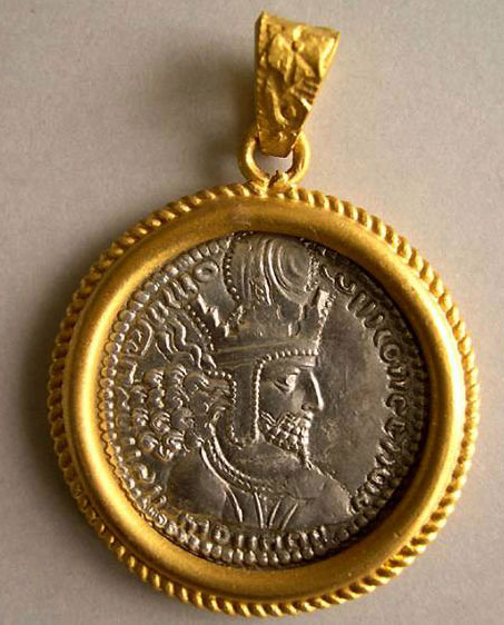 Sasanian Kings: Shahpur I. 224-240 AD. AR Drachm set in a pure gold 24 K. custom made frame.