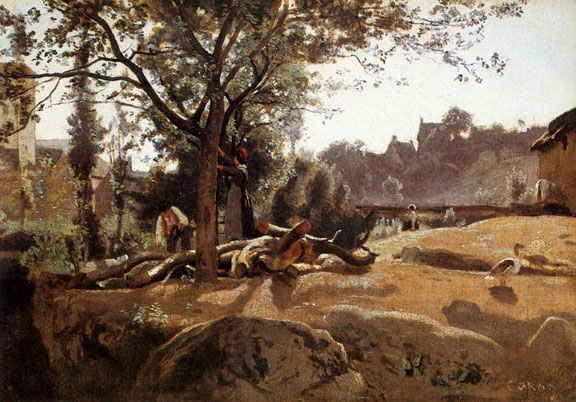 Peasants under the Trees at Dawn by Jean-Baptiste Camille Corot, 1840-45